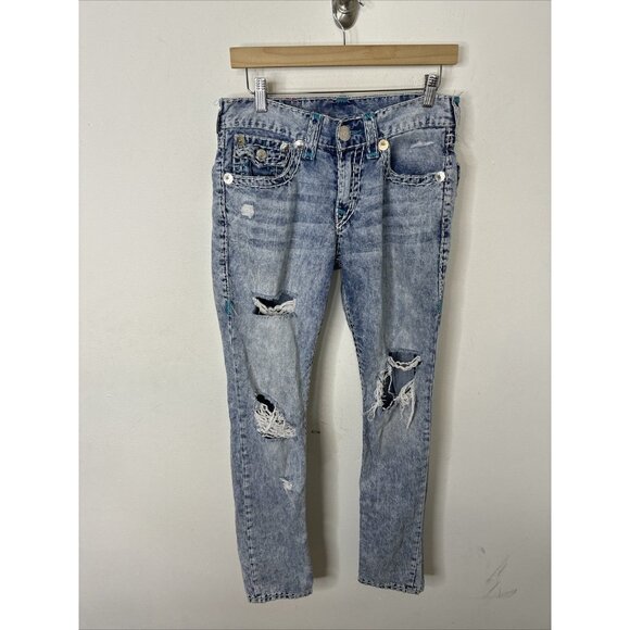True Religion Men 30X33 Slim Blue Stitch Denim Jeans Stone Wash Distressed - Picture 2 of 9